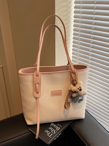 Dames Grote Capaciteit Tote Tas Kiezelnerf PU Leer Woon-werkverkeer Schoudertas Handtas Met Beerhanger Zachte Rits Shopping Tas