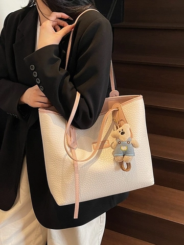 Dames Grote Capaciteit Tote Tas Kiezelnerf PU Leer Woon-werkverkeer Schoudertas Handtas Met Beerhanger Zachte Rits Shopping Tas