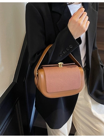 French Retro Color Blocked PU Leather Fabric Pillow Bag For Women Chic Minimalist Shoulder Crossbody Bag Gold Hardware