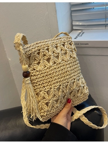 Dames Stro Geweven Crossbody Tas Opengewerkte Bloemen Patroon Met Kwastjes Houten Kralen Zomer Strand Vakantie Schoudertas