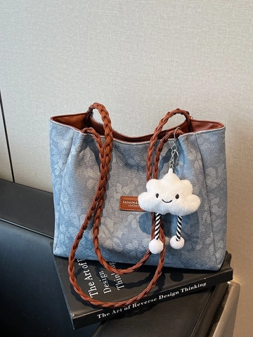 Borsa Tote Donna Grande Capacità Stampa Floreale Tracolle Intrecciate Moda Pelle PU Borsa Pendolare Con Ciondolo