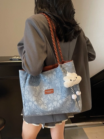 Borsa Tote Donna Grande Capacità Stampa Floreale Tracolle Intrecciate Moda Pelle PU Borsa Pendolare Con Ciondolo