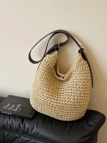 Sac Seau en Paille Tissé pour Femmes Grande Capacité Décontracté Fait Main Sac Hobo avec Bandoulière Réglable Plage Vacances