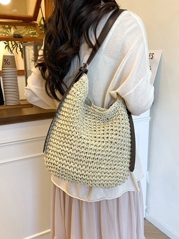 Sac Seau en Paille Tissé pour Femmes Grande Capacité Décontracté Fait Main Sac Hobo avec Bandoulière Réglable Plage Vacances