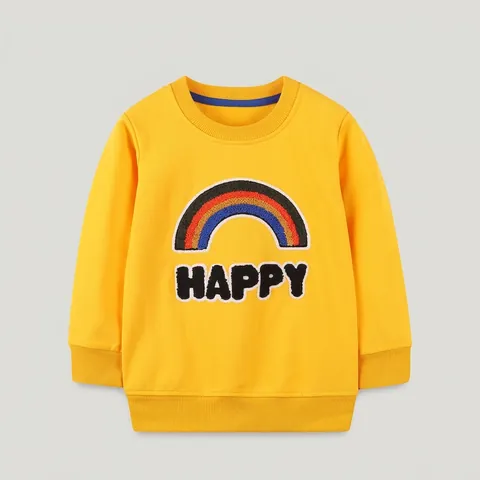 Felpa per Bambini Ragazzi Ragazze in 100 Percento Cotone Pettinato Arcobaleno Happy Ricamato Manica Lunga Girocollo Pullover Giallo