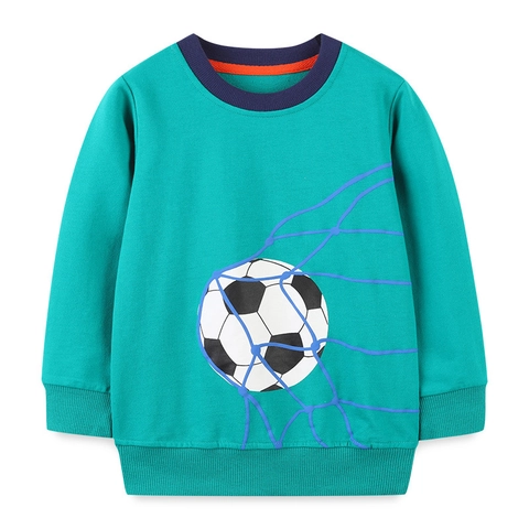 Boys Cotton Long Sleeve Football Print Sweatshirt Contrast Collar Crew Neck Autumn Kids Casual Pullover Top Green