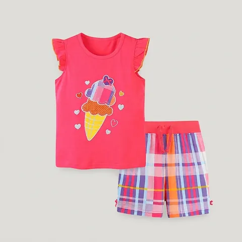 Completo Estivo da Bimba in Cotone con Ricamo Gelato Cartoon Top con Maniche a Volant e Pantaloncini a Quadri Casual