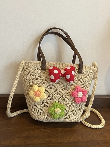Damen Gewebte Blumen Eimertasche Ausgehöhlt Handgemacht Gehäkelt Umhängetasche Mit Gepunkteter Schleife Mini Sommer Strand Handtasche