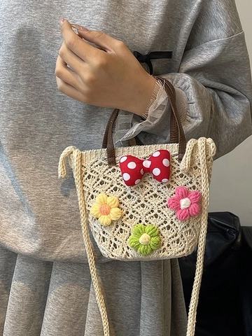 Damen Gewebte Blumen Eimertasche Ausgehöhlt Handgemacht Gehäkelt Umhängetasche Mit Gepunkteter Schleife Mini Sommer Strand Handtasche