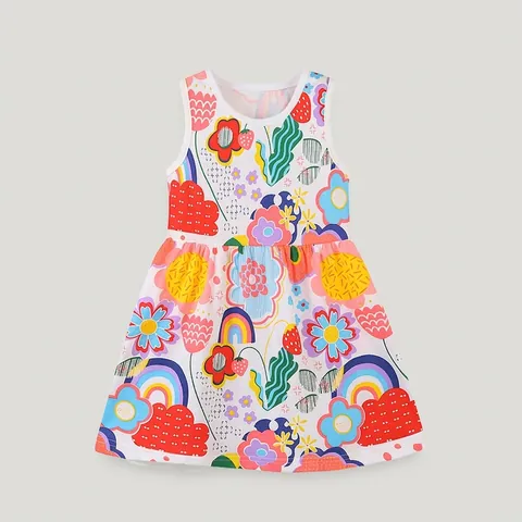 Girls Cotton Sleeveless Tank Dress Cartoon Floral Rainbow Print Summer Casual A-Line Princess Dress For Toddler Kids