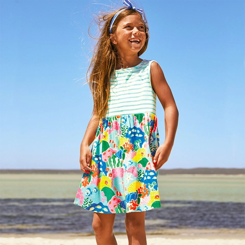 Mädchen Ärmelloses Baumwollstrickkleid Gestreiftes Oberteil Cartoon Ozean Print Sommer Prinzessinnenkleid Für Kleinkinder