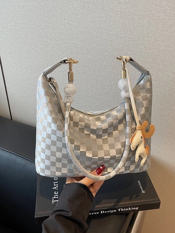 Sac Cabas en Cuir PU à Damier Rétro pour Femmes Avec Charm de Cheval Bandoulière Amovible Sac à Bandoulière Décontracté Sac à Main de Bureau