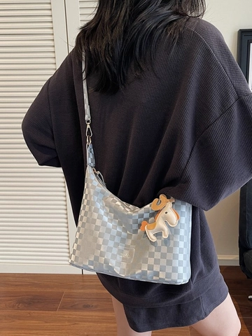 Sac Cabas en Cuir PU à Damier Rétro pour Femmes Avec Charm de Cheval Bandoulière Amovible Sac à Bandoulière Décontracté Sac à Main de Bureau