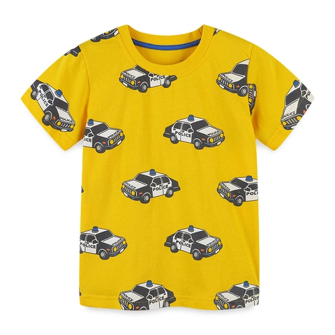 Boys Summer Short Sleeve 100% Cotton T-Shirt Cartoon Police Car Print Crew Neck Soft Breathable Casual Kids Top