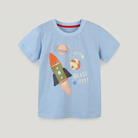 Boys Short Sleeve Cotton T-Shirt Casual Cartoon Rocket Print Crew Neck Summer Top For Toddler Kids Lightweight Tee