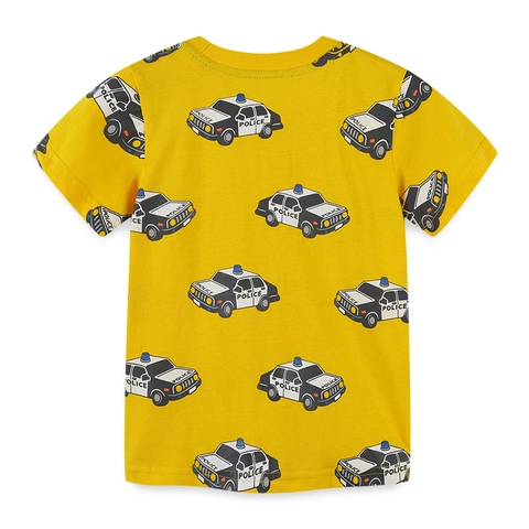 Boys Summer Short Sleeve 100% Cotton T-Shirt Cartoon Police Car Print Crew Neck Soft Breathable Casual Kids Top