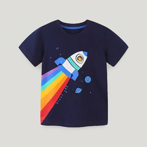 T-Shirt à Manches Courtes 100% Coton pour Jeunes Garçons avec Imprimé Fusée de l'Espace Astronaute Arcobaleno Col Rond Été Décontracté