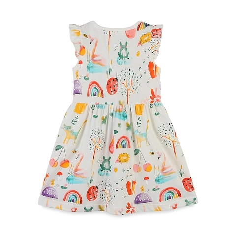Toddler Girls Summer Cartoon Animal Print Short Sleeve Princess Dress 100% Cotton Crew Neck Flutter Sleeve A-Line Dress