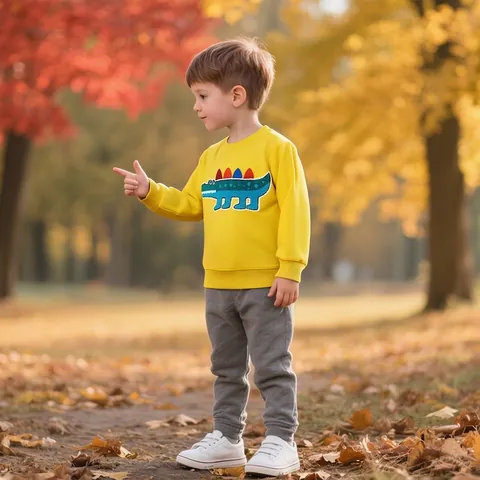 Sweatshirt en Coton à Manches Longues pour Enfants Jaune Vif Dinosaure de Dessin Animé Broderie Appliquée Haut Pullover pour Garçons Automne