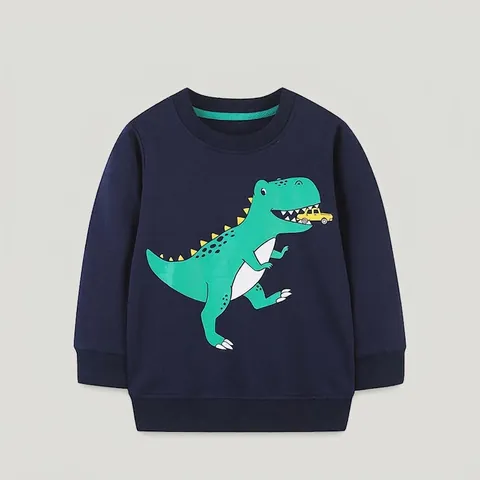 Felpa da Ragazzo in Cotone a Maniche Lunghe Blu Notte con Grafica Dinosauro Cartoon Pullover Girocollo Bambini