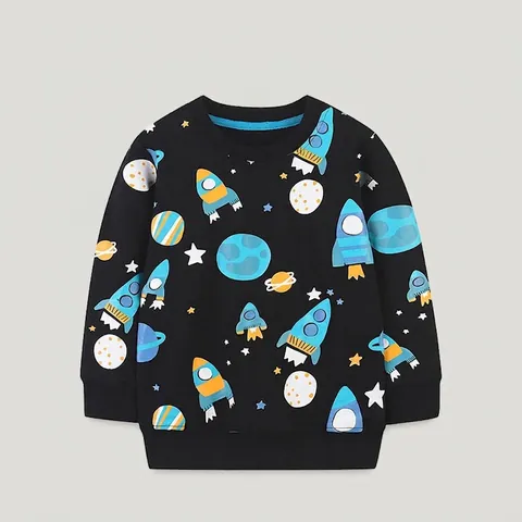 Jungen 100% Baumwolle Sweatshirt Cartoon Weltraumrakete Planet Bedruckt Langarm Rundhals Pullover Top Lässige Kinder Herbst Kleidung