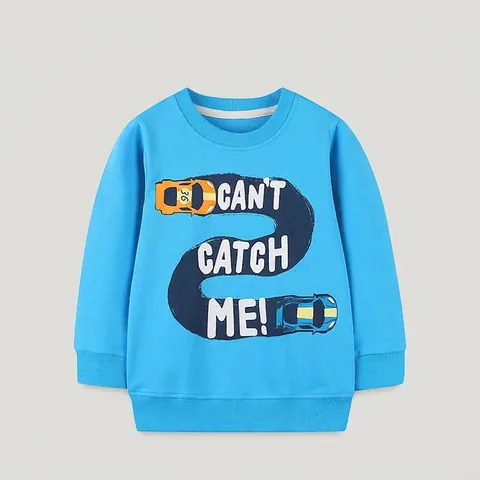 Sweatshirt Garçon Imprimé Voiture de Course 100% Coton Manches Longues Pullover Col Rond Bleu Brillant Top