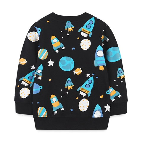 Jungen 100% Baumwolle Sweatshirt Cartoon Weltraumrakete Planet Bedruckt Langarm Rundhals Pullover Top Lässige Kinder Herbst Kleidung