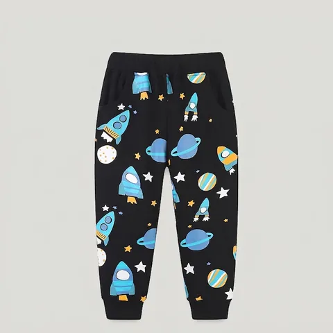 Boys Space Cartoon Print Cotton Sports Pants Toddler Kids Rocket Planet Pattern Sweatpants Black Joggers Spring Autumn