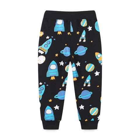 Boys Space Cartoon Print Cotton Sports Pants Toddler Kids Rocket Planet Pattern Sweatpants Black Joggers Spring Autumn