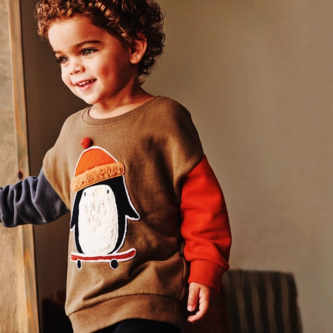 Sweat-shirt en Coton pour Garçons Broderie de Pingouin de Dessin Animé Colorblock Pull à Manches Longues Automne Chaud