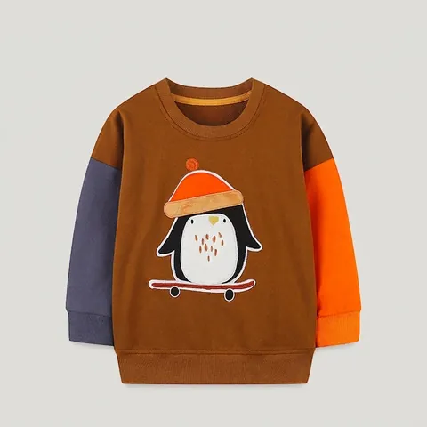 Sweat-shirt en Coton pour Garçons Broderie de Pingouin de Dessin Animé Colorblock Pull à Manches Longues Automne Chaud