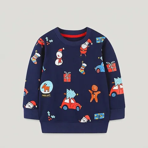 Sweat-Shirt De Noël Pour Garçon Manches Longues Col Rond Coton Peigné Imprimé Père Noël Bonhomme De Neige Pullover