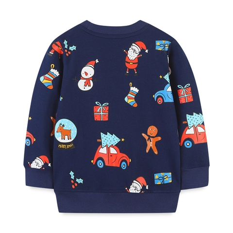 Sweat-Shirt De Noël Pour Garçon Manches Longues Col Rond Coton Peigné Imprimé Père Noël Bonhomme De Neige Pullover