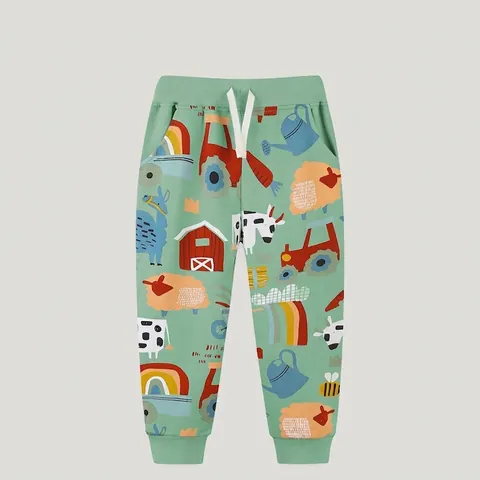 Pantaloni Sportivi in Cotone 100% per Ragazzi Stampa Cartoon Fattoria Trattore Animali Joggers Autunno Bambini Vita Elastica Casual Morbidi