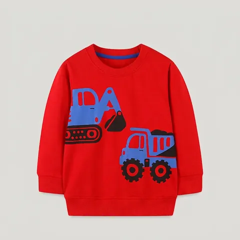 Felpa a Maniche Lunghe in Cotone per Ragazzi Pullover Girocollo con Stampa Veicolo da Cantiere Top per Bambini Rosso