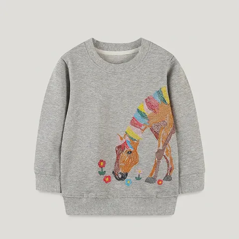 Felpa in Cotone Casual da Bambina Con Ricamo di Pony e Fiori Girocollo a Maniche Lunghe Pullover Grigio Top Autunnale