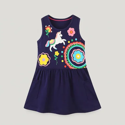 Abito Senza Maniche in Cotone Estivo per Bambine Cartoon Unicorno Stampa Floreale Abito a Gilet Principessa Blu Marino Casual