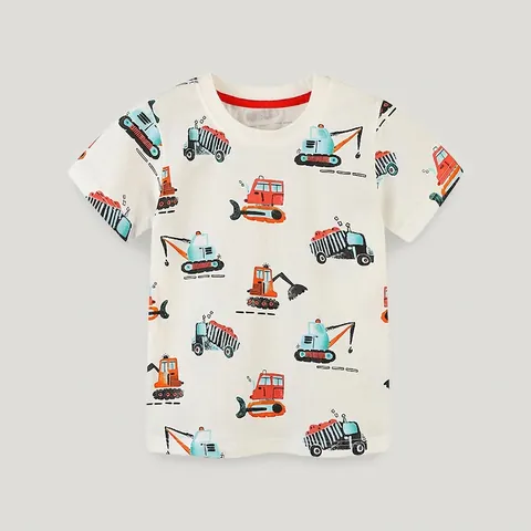Boys Summer Cotton Short Sleeve T-Shirt Cartoon Construction Vehicle Pattern Round Neck Casual Top Toddler Kids Clothing