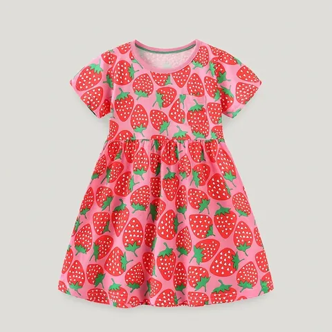 Abito a Maniche Corte in Cotone a Maglia Estivo per Bambine Simpatico Abito Patchwork a Trapezio con Stampa di Fragole per Bambini