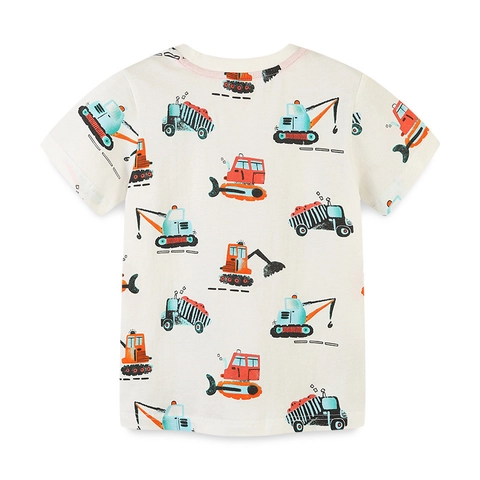 Boys Summer Cotton Short Sleeve T-Shirt Cartoon Construction Vehicle Pattern Round Neck Casual Top Toddler Kids Clothing