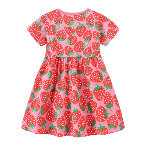 Kleinkind Mädchen Sommer Gestricktes Baumwolle Kurzarmkleid Süßes Erdbeerdruck A-Linie Prinzessin Patchwork Kleid Für Kinder