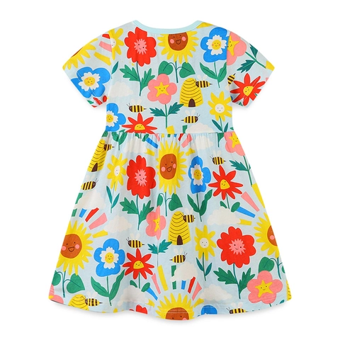Girls Cartoon Sunflower Print Cotton Princess Dress Soft Knit Short Sleeve Summer A-Line Dress Kids Casual Everyday Outfit