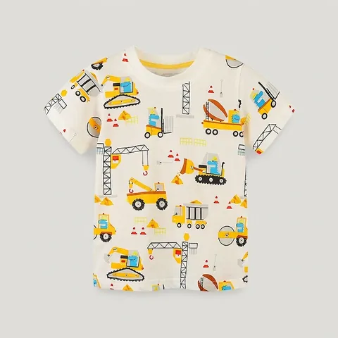 Jongens T-Shirt met Korte Mouwen Katoen Cartoon Dinosaurus Bouwvoertuigen Print Ronde Hals Zomer Casual Top voor Kinderen