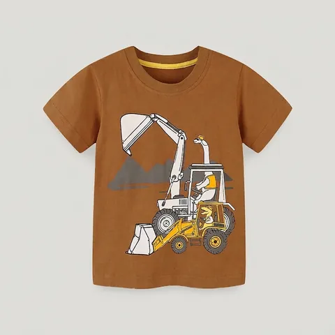 Boys Summer Cotton T-Shirt Casual Cartoon Dinosaur Excavator Print Round Neck Short Sleeve Top For Toddler Kids