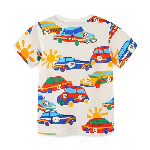 Boys Cotton Short Sleeve T-Shirt Cartoon Car Number Print White Summer Casual Kids Top Round Neck Breathable Clothing