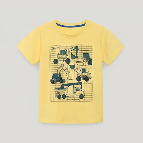 Jungen Baumwoll T-Shirt Sommer Kurzarm Rundhals Baufahrzeug Druck Kleinkind Lässiges Oberteil Gelb Kinderkleidung