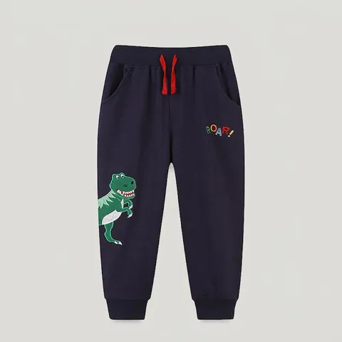 Jungen Baumwolle Jogginghose Mit Dinosaurier Stickerei Elastischer Bund Marineblau Kinder Lässig Sport Lange Hosen