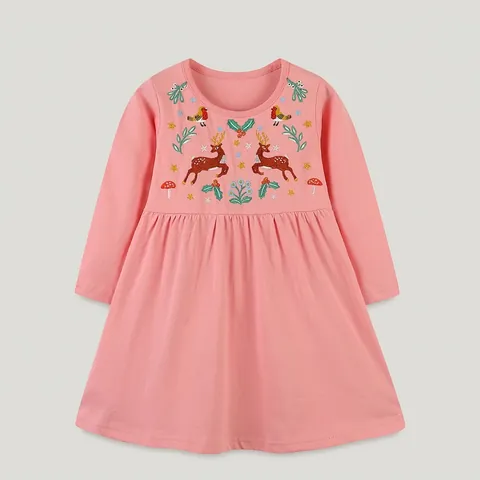 Robe en Tricot de Coton à Manches Longues Brodée de Renne de Noël pour Filles Rose Princesse A-Line Robe de Fête