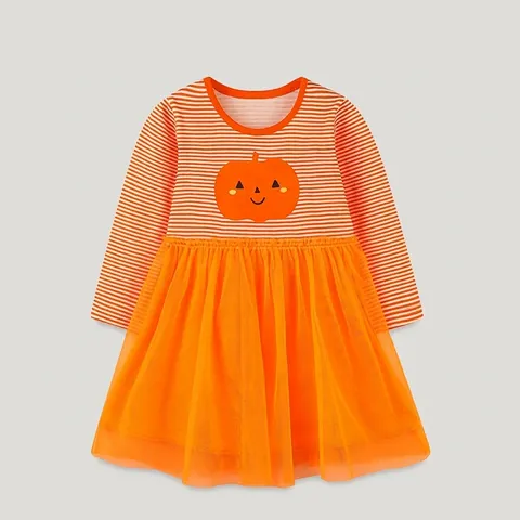 Abito a Maniche Lunghe con Zucca di Halloween per Ragazze Vestito da Principessa Tutu in Rete a Righe Arancioni per Bambini