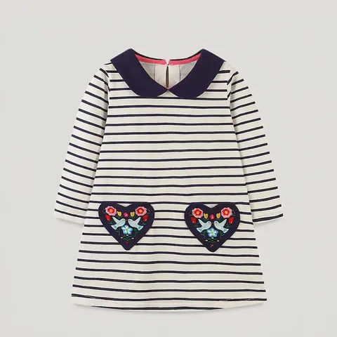 Vestito a Righe da Bambina a Maniche Lunghe con Colletto Peter Pan 100% Cotone Ricamato Tasca a Cuore Blu Marino Bianco